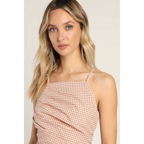 Lulus Summery Little Thing Pink Gingham Sleeveless Ruched Mini Dress Size L - Picture 10 of 12